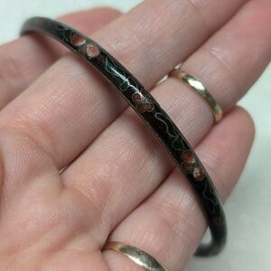 Floral Blue Enamel Bangle Bracelet Gold Brass Cloisonne